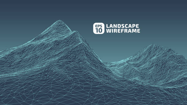 Abstract wireframe background. 3D grid technology illustration landscape. Digital Terrain Cyberspace in the Mountains with valleys. Data Array. Vector Illustration. contour line stock illustrations