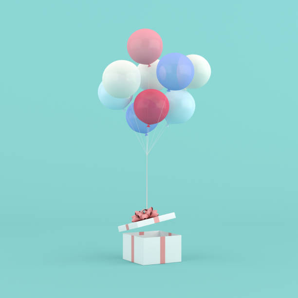 istock 3D rendering of round gift box and balloons. Minimal concept. 1340225147