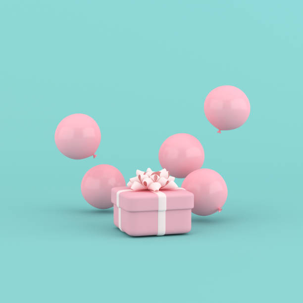 istock 3D rendering of round gift box and balloons. Minimal concept. 1340225148