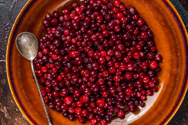 istock Ripe Red Cranberry berry in a rustic plate. Dark background. Top view 1340225216