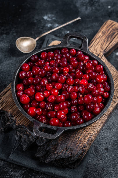 istock Red fresh Cranberry berry in a pan. Black background. Top view 1340225798