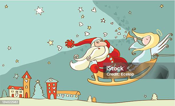 Babbo Natale E Angelo Di Natale In Una Slitta Anno Nuovo Cartolina - Immagini vettoriali stock e altre immagini di A forma di stella