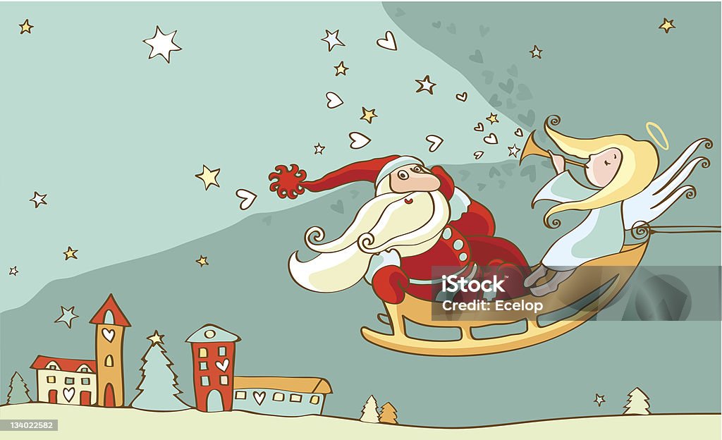 Anjo de Natal e Papai Noel em um trenó. Ano novo cartão postal - Vetor de Cartão de Natal royalty-free