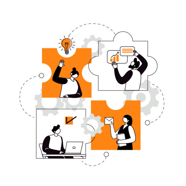 the concept of joint teamwork, building a business team. vector illustration of working characters, people connecting pieces of puzzles. metaphor of cooperation and business partnership. - bilmece oyunu illüstrasyonlar stock illustrations