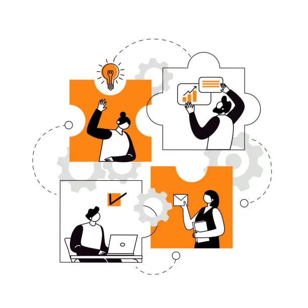 Vector illustration of The concept of joint teamwork, building a business team. Vector illustration of working characters, people connecting pieces of puzzles. Metaphor of cooperation and business partnership.