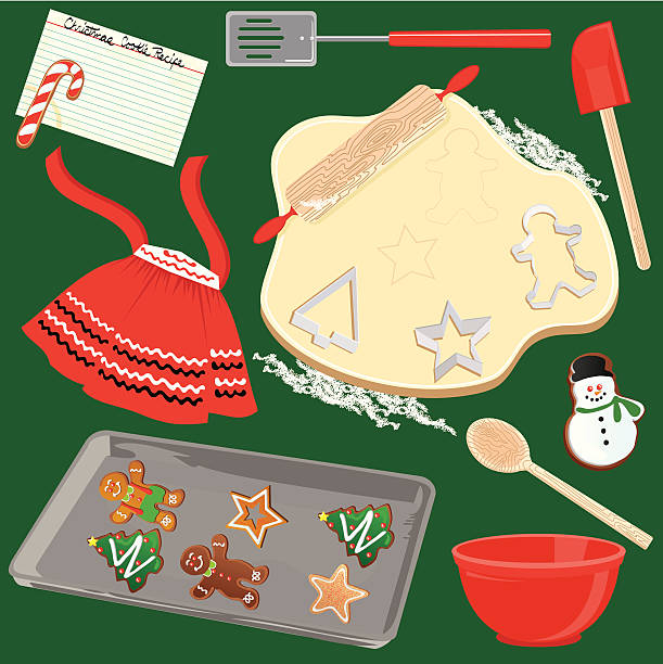 Making and Baking Christmas Cookies Cookie dough, cookie cutters, apron and other baking items for making Christmas cookies gingerbread man cookie cutter stock illustrations