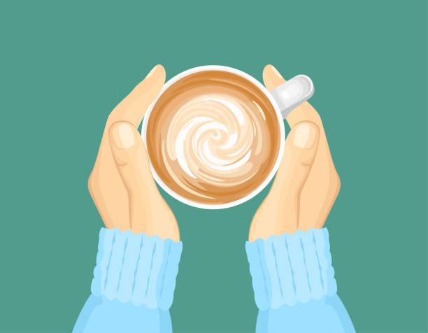 istock Hands hold cup of cappuccino. Coffee Top view. Vector cartoon flat illustration. 1340226571