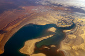 View from the plane's window on a fragment of the drying up Aral Sea from a height of 10,000 meters.