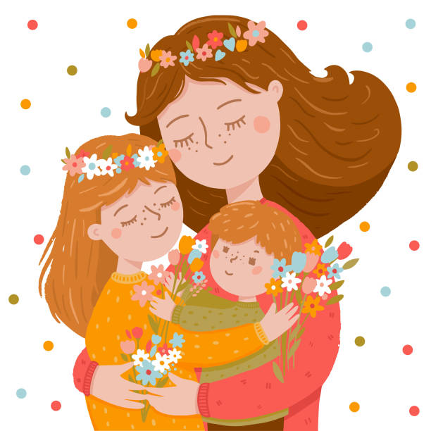 어머니, 딸과 아들 포옹 - mothers day fun little girls child stock illustrations