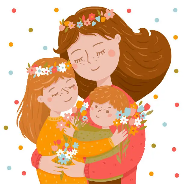 Vector illustration of Mother, daughter and son embracing