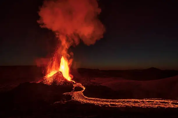 Photo of Fagradalsfjall volcanic eruption in the night, Iceland