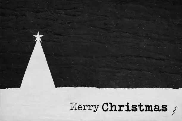 Vector illustration of Black coloured wooden textured vector retro festive vector backgrounds with one triangle shaped tree with a star at top and  a white snow base with text Merry Christmas