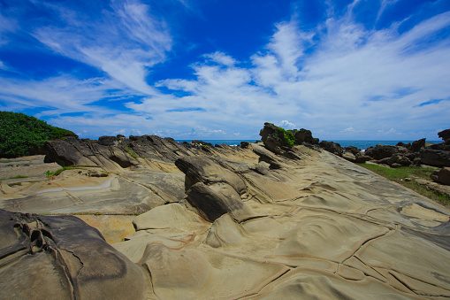 The erosion of the ocean and weathering. Forms strange rocks and stones. Fugang Geopark (Xiaoyeliu), Natural stone sculptural park. Taitung County, Taiwan. Sep. 2021