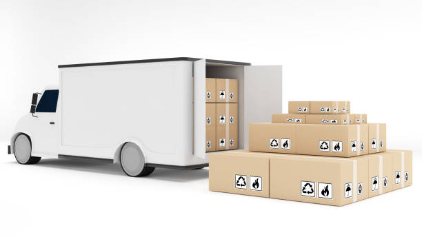 istock 4 wheeler transport vehicle with packaging boxes on white background,car transport 1340228661