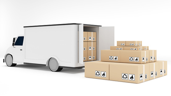 4 wheeler transport vehicle with packaging boxes on white background,car transport,3d rendering