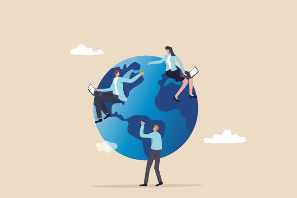Work from anywhere around the world, remote working or freelance, international company or global business concept, business people sitting around world map on globe working with online computer. Work from anywhere around the world, remote working or freelance, international company or global business concept, business people sitting around world map on globe working with online computer. free images online no copyright stock illustrations