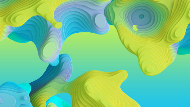 istock 3d render, abstract colorful neon background with volumetric curvy shapes and wavy lines. Blue mint green yellow creativewallpaper with marbling effect 1340231821