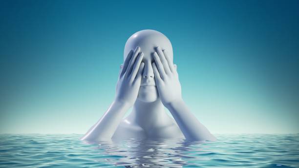 istock 3d render, abstract blue background with white mannequin bust in the water. Woman head with eyes closed with hands. Blindness concept, ignorance metaphor 1340231839