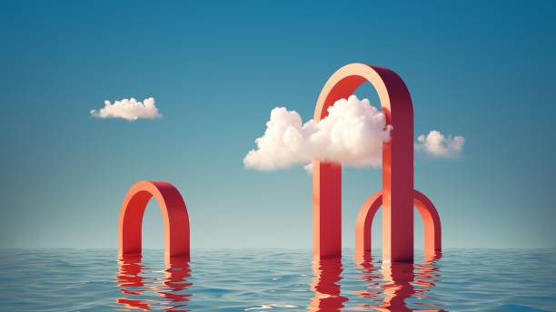 istock 3d render, surreal seascape with red arches and white clouds in the blue sky. Modern minimal abstract background with simple geometric shapes and water 1340231861