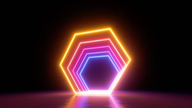 istock 3d render, abstract modern minimal geometric background with neon hexagonal shapes glowing in the dark. Empty stage, showcase with blank frame for product presentation 1340231933