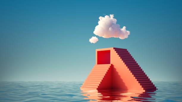 istock 3d render, Surreal seascape. White clouds in the blue sky above the red pyramid with steps. Modern minimal abstract background with geometric shape and water. Challenge concept, business metaphor 1340232128