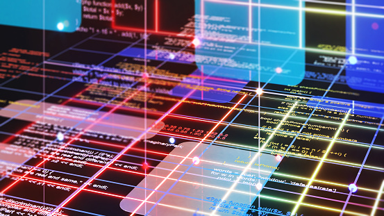 Programming for a system using a programming language.\nSystem Development by Programming,\n,Program developer with source code\nprogramming concept model,3d rendering