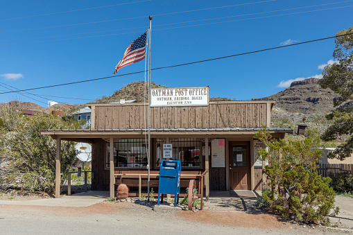 Oatman, USA - March 7, 2019: historic Post office  in Oatman at Route 66. The post office is still in use.