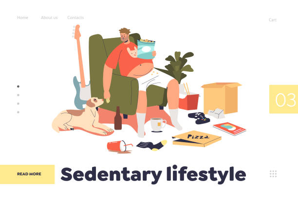 Sedentary lifestyle concept of landing page with fat man with obesity eating fastfood sit at home Sedentary lifestyle concept of landing page with fat man with obesity eating fastfood from delivery sitting at home. Bad habits. Cartoon flat vector illustration sloth stock illustrations