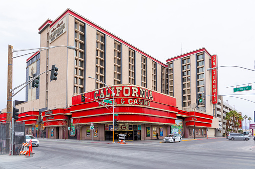 Las Vegas, USA - March 10, 2019: old california hotel and casino at crossing Odgen 1.st street in old part of Las Vegas, USA.