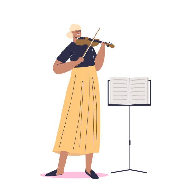 junge frau auf violine. weibliche künstler kreieren notenständer an noten. kreatives besetzungskonzept - practicing music violin women stock-grafiken, -clipart, -cartoons und -symbole