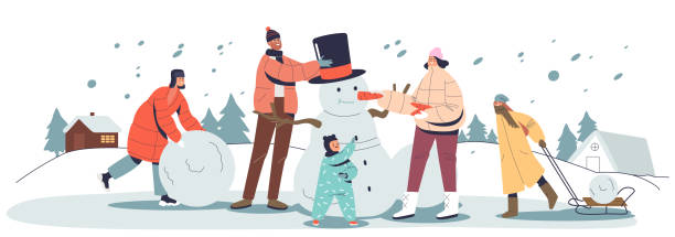 겨울 방학에 행복한 가족 야외 에서 눈사람을 함께 만드는. 세 아이가 놀고있는 부모 - snowman snowball men christmas stock illustrations
