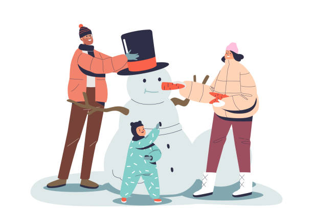 ilustraciones, imágenes clip art, dibujos animados e iconos de stock de los padres y los niños pequeños hacen muñecos de nieve al aire libre. familia feliz divirtiéndose juntos en temporada de invierno - computer graphic child snowflake vector