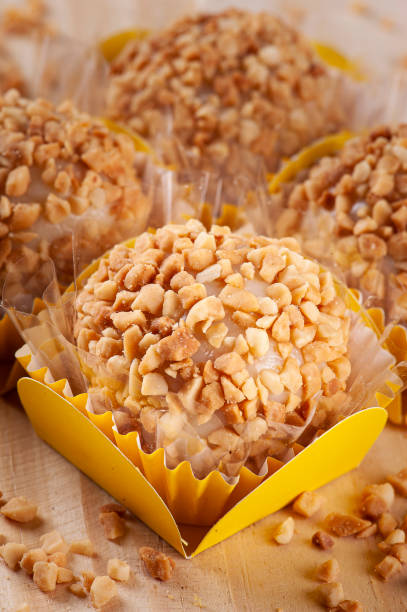 Peanut Gourmet Brigadeiro. Typical Brazilian sweet. Top view