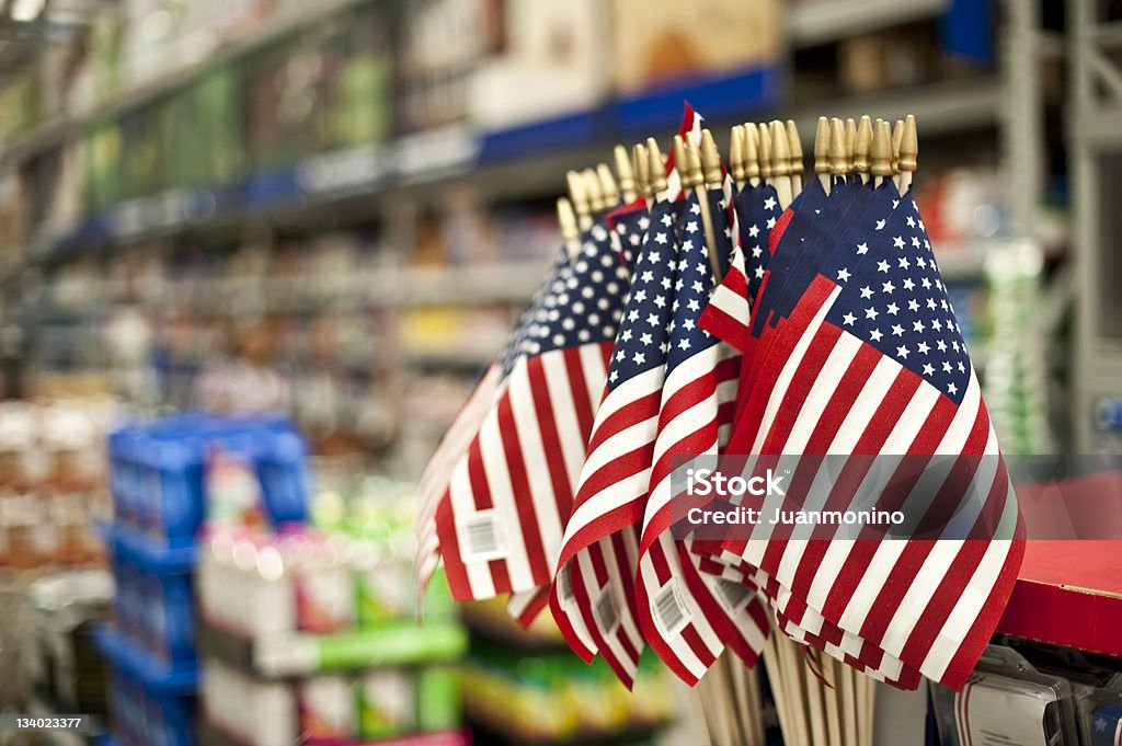 Fourth of july Sale American flags for sale in a Megastore American Flag Stock Photo