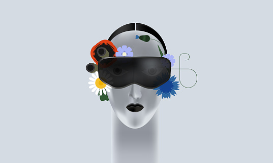 Future concept.
Woman wearing virtual reality glasses. Vector illustration flat design. Use in Web Project and Applications.