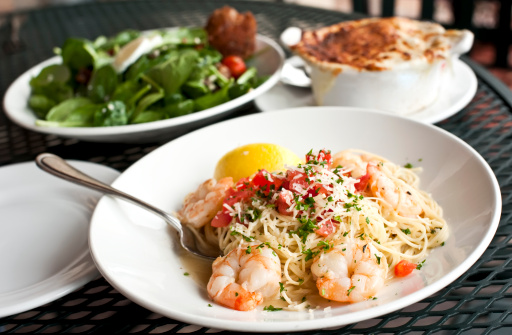 Jumbo shrimp scampi with spaghetti, french onion soup and a spinach salad, a complete dinner...