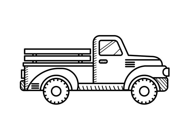 Retro pickup truck coloring book for kids Retro pickup truck coloring book for kids. Vintage red car side view isolated on white background coloring book page illlustration technique illustrations stock illustrations