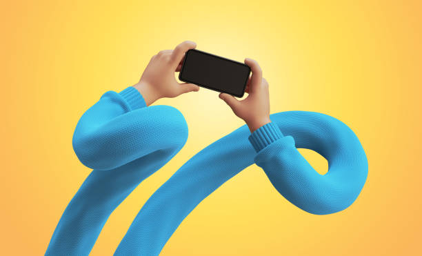 istock 3d render, cartoon flexible tangled hands in blue sweater, hold smart phone with blank screen. Funny clip art isolated on yellow background 1340236243