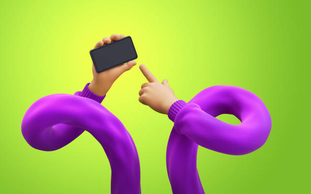 istock 3d render, cartoon flexible hands in purple sweater hold smart phone with empty screen. Touchscreen technology. Funny clip art isolated on neon green background 1340236257