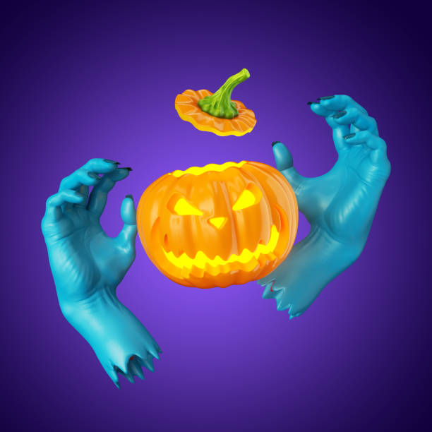 rendering 3d, zucca scolpita con faccia spaventosa e mani zombie blu, clip art di halloween isolata su sfondo viola. personaggio di jack o'lantern - witch smiling evil bizarre foto e immagini stock