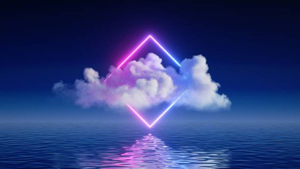 istock 3d render, abstract neon background with cloud, glowing rhombus frame and water. Fantastic seascape 1340236410