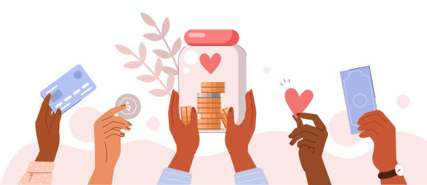 donation jar People hands holding donation jar with coins and donating money for charity. Volunteers collecting charitable donations. Charity financial support concept. Flat cartoon vector illustration. charitable donation stock illustrations