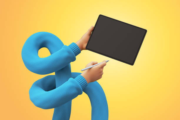 istock 3d render, funny cartoon flexible tangled hands in blue sweater, hold blank graphic pad with blank screen and digital pen. Wireless gadget, electronic device. Clip art isolated on yellow background 1340237042