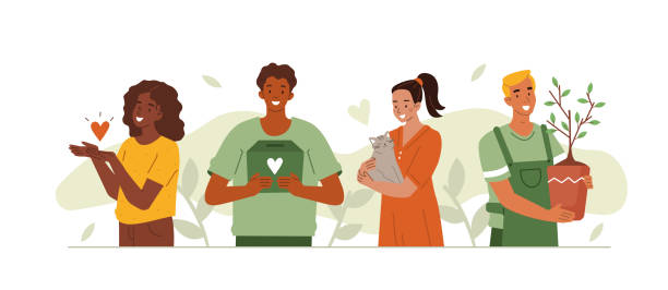 volunteers Characters doing different volunteering activities. Volunteers collecting money for donation, sharing charity fundraising, helping animals and environment. Flat cartoon vector illustration isolated. animal shelter stock illustrations