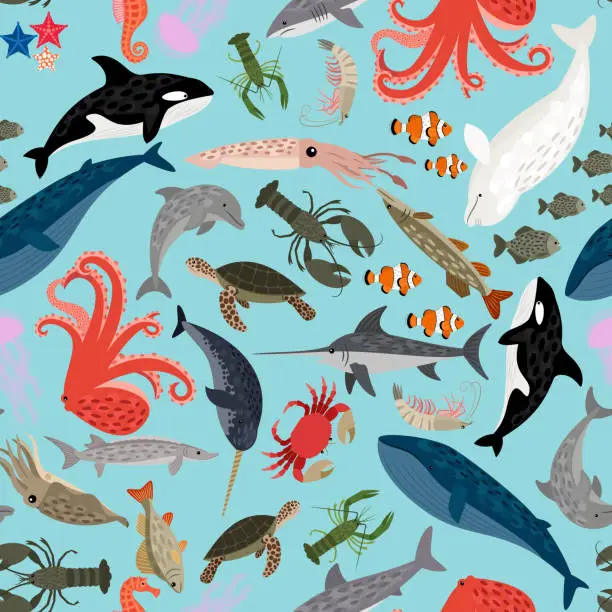 Vector illustration of Seamless pattern of cute different sea animals