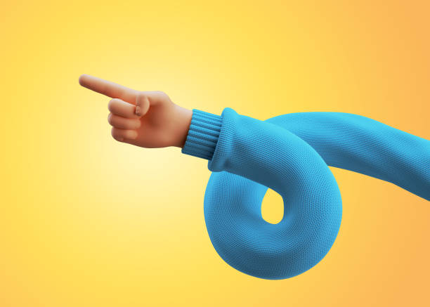 istock 3d render, cartoon character spiral hand in blue sweater, points forward, pointing finger, shows direction. Funny clip art isolated on yellow background 1340237287