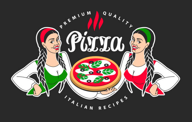 две молодые красивые итальянские девушки шеф-повара предлагают отведать пиццу. логотип с ручной надписью каллиграфии вектор. шаблон дизай� - women meat working tray stock illustrations
