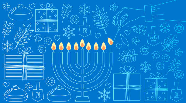 ilustraciones, imágenes clip art, dibujos animados e iconos de stock de tarjeta de felicitación de janucá. velas de janucá. fiesta judía. feliz diseño de tarjeta hanukkah. ilustración vectorial - hanukkah