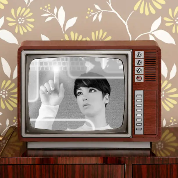 Photo of futuristic retro contrast vintage tv future woman