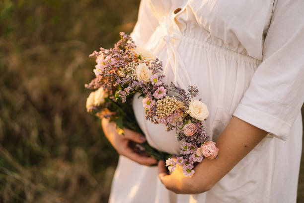 portrait of a pregnant woman. a beautiful young pregnant woman in a white dress walks in the field. happy pregnancy. - nature human pregnancy color image photography imagens e fotografias de stock